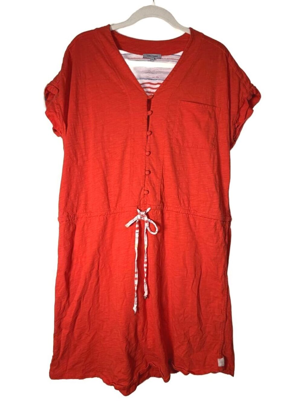 Lisa Todd Orange Red Drawstring Waist Dress L Cotton Slub Midi Casual